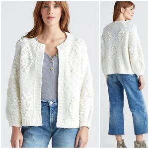 Lucky Brand L White Knit Open Front Sweater